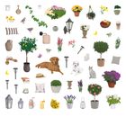 Verschiedene Illustrationen: Pflanzen, Blumen, Tiere, Laternen, Gartenmöbel, ein gelber Hund und ein grauer Kater.