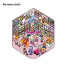 "KAWAII-SHOP" steht groß in der Mitte. Es ist eine bunte Illustration eines niedlichen, belebten Ladens mit Regalen voller Plüschtiere.