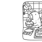 Illustration: Ein Bär hält einen warmen Kuchen, während zwei Bärenkinder in einer Spüle mit Seifenblasen baden.