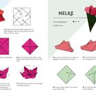 Links: "LOTUS-BLÜTE, Schwierigkeitsgrad ***, Größe: ca. 10 cm". Rechts: "NELKE, Schwierigkeitsgrad **, Größe: 10 cm". Origami-Anleitungen und Diagramme für Blumen.
