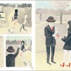 Ein Mann mit roter Krawatte hebt einen roten Schlüssel auf. Zwei Damen beobachten. Illustration in gedeckten Farben.