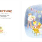 Titel: Der Geburtstag. Ein Kind trägt eine brennende Torte zu einer fröhlichen Kindergruppe mit Partyhüten.