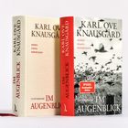Links: „Karl Ove Knausgård. Im Augenblick.“ Rechts: Cover mit fliegenden Vögeln, Text wie links.