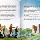 Links: Textausschnitt über ein Gebäude, das ohne Mörtel perfekt zusammengesetzt ist. Unten: Vier Personen und ein Hund schauen eine Ruine an.