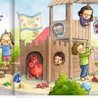 Kuckuck! Wer versteckt sich im Kletterturm? Zieh mal! Kinder spielen im Garten mit Rutsche, Dreirad und in Sandkastennähe.