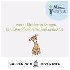 "…wenn Kinder anfangen, kreative Spuren zu hinterlassen." Oben rechts "Mini Künstler" mit Kind und Stern. Illustration einer Giraffe.