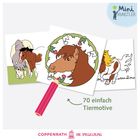 Text: "70 einfach Tiermotive", "Mini Künstler". Drei Zeichnungen von Pferden, eine davon ist teilweise koloriert mit Stift.