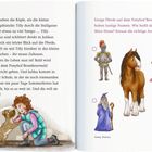 Links: Text über Tillys Abenteuer im Stall. Rechts: Frage über ein großes Shire Horse, mit Auswahlfiguren: Ritter, Pferd, Prinzessin, Zauberer, Zwerg. Illustrationen zeigen diese Figuren.
