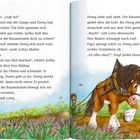 Text beschreibt, wie ein Pferd namens Zwerg einen Baumstamm zieht. Illustration zeigt ein Pferd und zwei Kinder in einem Feld.