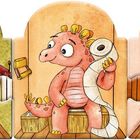 Links: Kleine Dinos in verschiedenen Posen auf Toiletten, ein echter Blickfang. Buch mit Titel "Pipi".