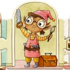 Fünf fröhliche Elfen, jeweils mit Werkzeug oder Instrument, in einem stilisierten Design vor dekorativen Türen.