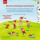 Text: "Was für ein Gewimmel und Gewusel!" Wichtel mit roten Zipfelmützen spielen fröhlich auf einer grünen Wiese.