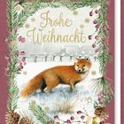 "Frohe Weihnacht" steht in geschwungener Schrift. Ein Fuchs im Schnee, umrandet von Tannenzweigen und Beeren.
