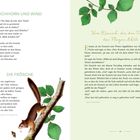 Zwei Gedichte, "Eichhorn und Wind" von Wilhelm Hey und "Die Frösche" von Johann Wolfgang von Goethe. Illustration: Eichhörnchen, Blätter. Rechts eine Geschichte über Kranich und Fuchs.