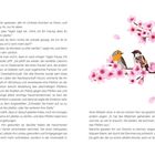 Seitenzahl 122 und 123. Text über eine Geschichte. Zwei Vögel sitzen auf einem Ast mit rosa Blüten.