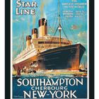 CUNARD U.S.A. & CANADA. Ein historisches Schiffsplakat, das einen Ozeandampfer vor einer Stadt zeigt.