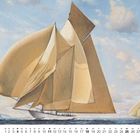 Kalenderblatt für April: Segelboot mit großen, beigen Segeln auf dem Meer, Wolken im Himmel, kleines Boot im Hintergrund.