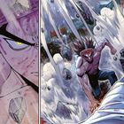 Phase 33 - Ende der Partie. Links wütende gelbe Augen, rechts muskulöser Mann springt durch Trümmer. Manga-Stil.