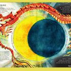 Texte: „SONNENFINSTERNIS“, „Heiligenschein“, „Kosmischer Kampf“. Illustration: Ein roter Drache umkreist eine Sonnenfinsternis.