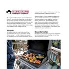 "DER GASGRILL – Komfort auf Knopfdruck" in einem Rechteck mit Grill-Ikone. Darunter Text zu Vorteilen und Besonderheiten des Gasgrills. Unten ein Foto eines in Betrieb befindlichen Grills mit Gemüse und Fleisch darauf.