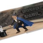 Zauberspruch und Kaninchen im Zylinder. Ein Mann im Anzug mit Zauberstab und blauem Umhang vollführt einen Trick.