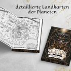 Text: "detaillierte Landkarten der Planeten". Links geöffnete Karte mit Landschaften, rechts Buchcover mit Titel "Isanara".