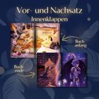 Text: Vor- und Nachsatz, Innenklappen, Buchanfang, Buchende. Oben Landkarte mit Kerze, unten Bibliothek und Fantasiewelt.