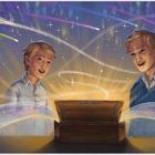 Links steht Text über Gold und einen sprechenden Kopf. Rechts zeigt eine Illustration drei Kinder und einen älteren Mann, die fasziniert eine leuchtende Kiste betrachten.