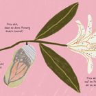 Illustration: Ein Zweig mit Kokon und Blüte, pinker Hintergrund; Texte: "Freu dich, dass du deine Meinung ändern kannst..."