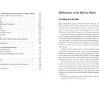 Linke Seite: Inhaltsverzeichnis-Themen und Seitenzahlen, von "Events" bis "Stichwortverzeichnis".

Rechte Seite: Titel "Willkommen in der Welt der Worte", Text über die Macht und Bedeutung von Worten.