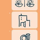 A: Waage mit Zahnmotiven.  
B: Gebäude mit offenem Tor.  
C: Lupe über Zahnrad.   
Einfaches, skizziertes Design.