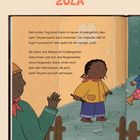 Titel "ZULA". Text über einen ersten Kindergartentag. Illustration: Ein Kind und eine winkende Figur im Garten.