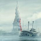 Illustration der Freiheitsstatue im Nebel, neben einem historischen Dampfschiff. Eine rote, weiße, blaue Flagge weht.