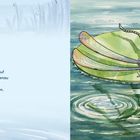 Text erzählt von einer Libelle, die auf einem Seerosenblatt pausiert. Illustration: Libelle sitzt auf Wasserpflanze.