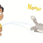 „Noahs Katze“ steht neben einem Jungen in einem gelben Shirt, während eine graue Katze springt.