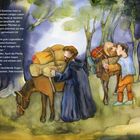 Text über Korbinian, der mit Anseric nach Rom reist. Illustration von zwei Männern mit beladenen Pferden im Wald.
