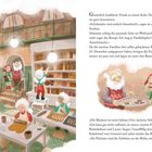 Eine Bäckerei mit Engeln, die backen. Ein älterer Mann und ein Kind reden, während im Hintergrund Kekse gemacht werden.