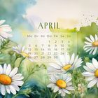 "APRIL" und Kalender mit Daten. Illustration mit weißen Margeriten auf grün-blauem Hintergrund.