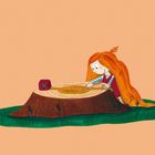 Illustration: Kind mit rotem Haar misst mit Maßband einen Baumstumpf, brauner Baumstumpf auf grünem Gras.