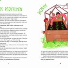"Das Radieschen", "Juchhu!" Drei Personen in einem Frühbeet mit Pflanzen, lächelnd, auf einer grünen Wiese. Texte über Gartenarbeit.