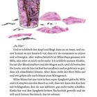Ein Text beschreibt eine familiäre Szene mit Mahlzeiten. Daneben ist eine Illustration von einem halb gefüllten, lilafarbenen Getränkebecher mit Strohhalm. Rosa Flecken sind im Hintergrund verteilt.