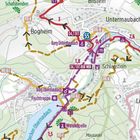 Straßennamen: Langenbroch, Bergh, Bilstein, Untermaubach. Symbole: Wanderweg, Fluss, Kapelle. Rote, lila und braune Routen.