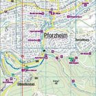 Karte: "Pforzheim" in der Mitte, Orte wie Dillweißenstein, Huchenfeld, Buckenberg, Sehenswürdigkeiten und Wanderwege sind markiert.