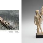 Linke Seite: "Die Kurve kriegen" und "Fremde Feder", beide mit „Über, Diverse Materialien“. Rechts: Statue eines Mannes mit Feder.