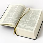 Geöffnete Bibel auf einer weißen Oberfläche, mit einem goldenen Leseband in der Mitte. Viel Text in zwei Spalten.