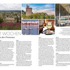 „2 Wochen in der Provence“ ist der Haupttext. Texte beschreiben Tagesabläufe und Sehenswürdigkeiten. Fotos zeigen Landschaften, Flamingos, einen Drink und maritimes Flair.
