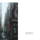 GASSEN. Text rechts beschreibt japanische Schwarzmärkte und Gassen in Tokio. Links schmale Gasse mit Person und rotem Regenschirm.