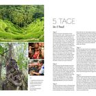 "5 TAGE in Ubud", ein Text über eine Reise voller Erkundungen, mit Bildern von Reisterrassen, Affenstatuen und traditionellem Tanz.