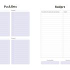 Links: Text "Packliste" mit vier Kategorien und Checklisten. Rechts: Text "Budget" mit Tabellen für Planung und Ausgaben.