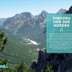 "SHKODRA UND DER NORDEN" steht in großen weißen Buchstaben. Berglandschaft mit grünen Tälern und klarem blauen Himmel.